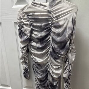 Ruched Long Sleeve Dress in Gray and White